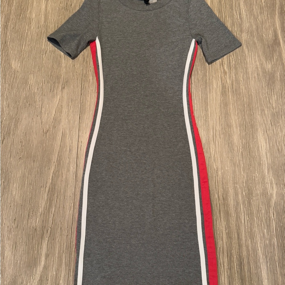 H&M Gray Midi Bodycon Dress with Cuffed Sleeves and Crew Neck